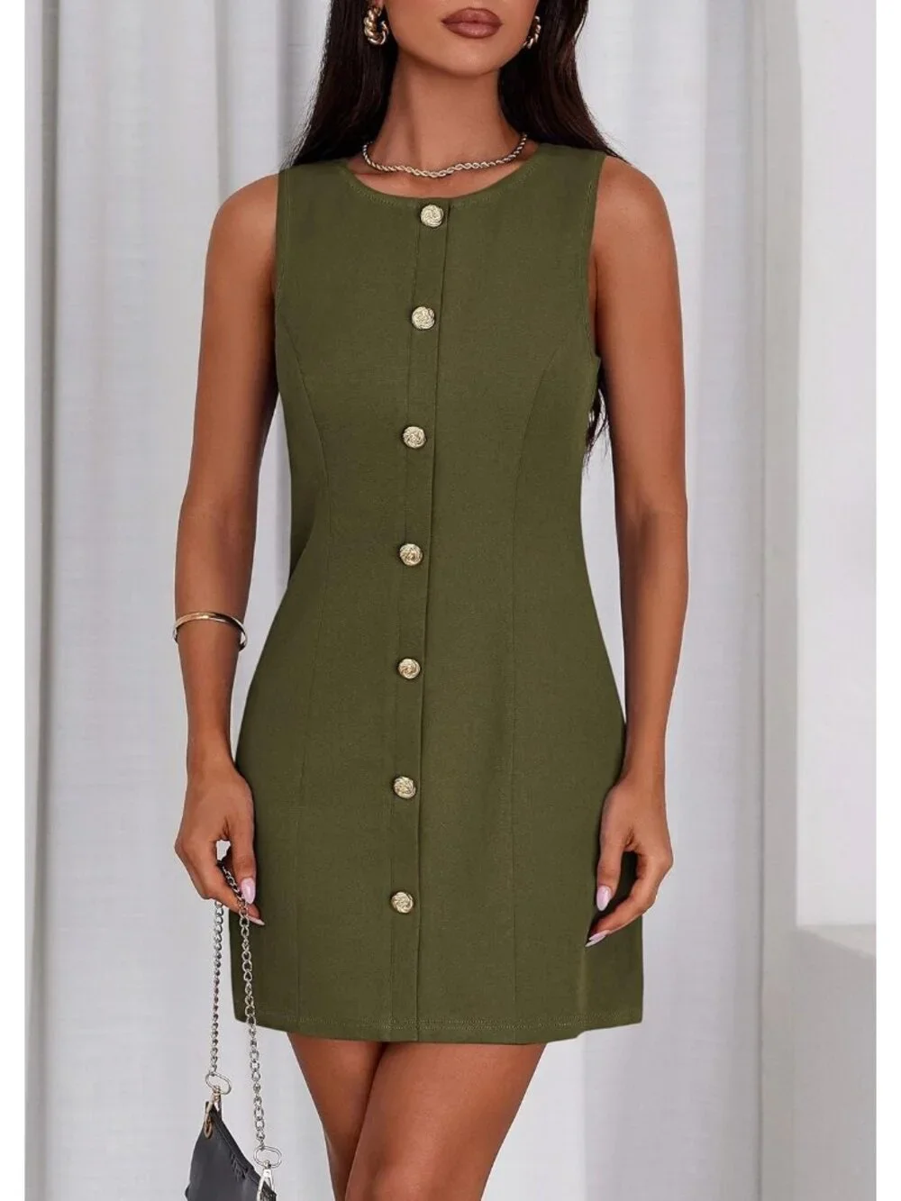 Pretty Garden Women's Army Green Sleeveless Button Down Elegant Mini Dress - Picture 3 of 6
